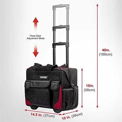 HAUTMEC Professional 14.5" Wide Mouth Rolling Tool Storage Organizer Bag with Telescoping Handle and Oversize Wheels HT0179