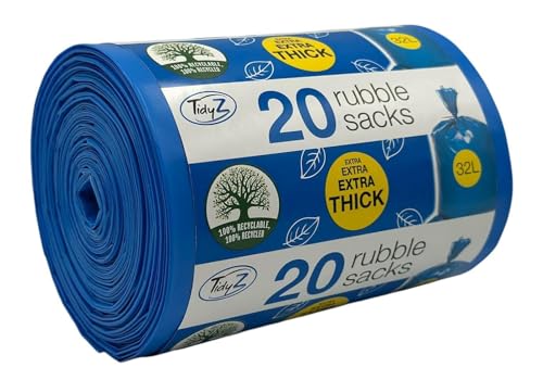 20 TidyZ Heavy-Duty Rubble Sacks. Made from 100% Recycled Plastic. Extra Strong and Thick Builders Bags. For DIY Construction Building Site Debris Garden Waste. 32L Blue Waste Bags