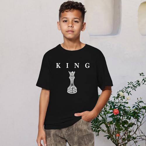 Image of Boys Graphic Tee King Chess Printed T-Shirt Kids Cool Designer Shirts Short Sleeve Shirt Clothes for Teen Boy Trendy