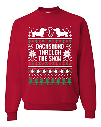 Wild Bobby Daschund Through The Snow Ugly Christmas Sweater Unisex Crewneck Sweatshirt, Red, Large