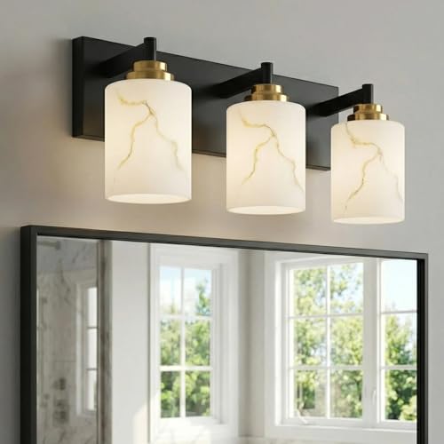 Image of 3-Light Bathroom Light Fixture, Black and Gold Modern Vanity Light with White Marble Glass Shade, for Bathroom Mirror, Living Room, Bedroom, Hallway, E26 Base, Extended Base