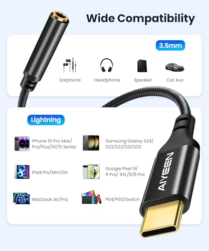 Image of USB C to Aux Adapter, 13cm Type-C to 3.5mm Jack Cable with Gold-Plated Plug & DAC Chip, Tangle-Free Nylon - Black