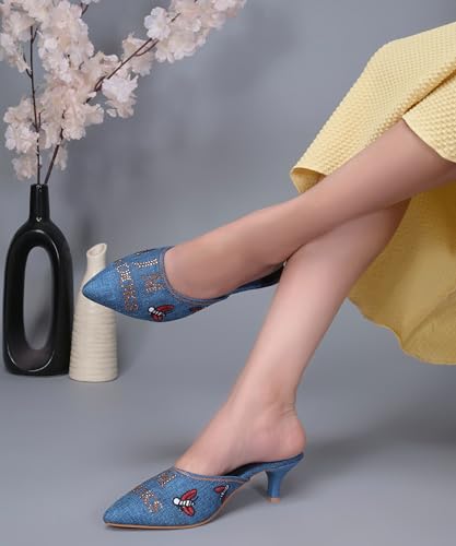 Image of JM LOOKS Pointed Toe Kitten Heel Mules Featuring Exquisite Bee Embroidery and Shimmering Textured Fabric Finish