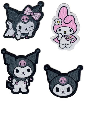 Iron-On Cute Character Patch Set, 4-Pack Embroidered Kawaii Appliqué Badges for Clothes, Backpacks, DIY Crafts
