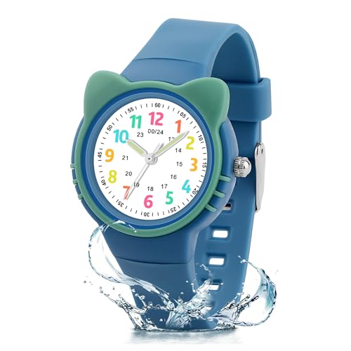 DTKID Reloj para Niños y Niñas, Reloj Infantil Resistencia al Agua 3ATM, Modo 12/24 Horas, Apto para Niños de 4 a 15 Años, Correa Suave (Azul Verdoso)