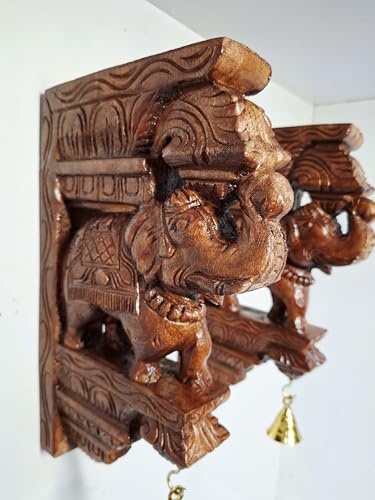 Image of Wooden Elephant Wall Bracket Pair 12 Inch | Hand Carved Brown Finish South Indian Corbels with Brass Bells | Traditional Wooden Wall Hanging Sculpture for Home & Pooja Room Decor (Set of 2)