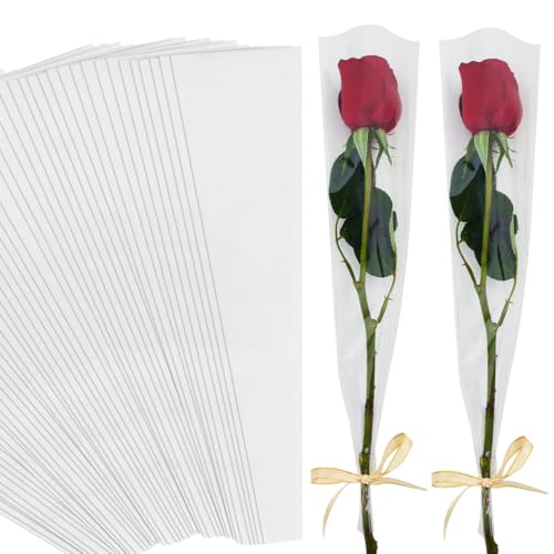 BEISHIDA 100 PCS Single Rose Sleeve Bouquet Bags Plastic Single Flower Wrapping Rose Packaging For Mothers Day Graduation Wedding Birthday Valentines Day Party (Transparent)