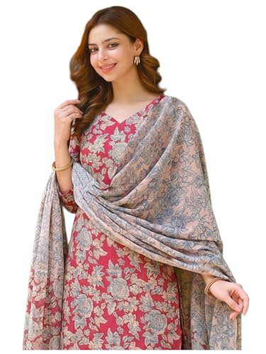 Image of ANNI Designer Cotton Blend Printed Straight Kurta with Pant and Dupatta for Women | Cotton Blend Pink | 3 /4 Sleeve | V-Neck | Ethnic Wear Casual Wear