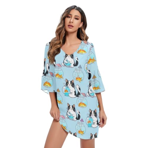 Robe d'été bleu clair col en V Cute Cats motif original imprimé