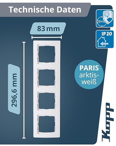 Kopp PARIS 4-fach Abdeckrahmen in Arktis-Weiß - 8,3 x 29,6 cm - Rahmen für Steckdosen & Schalter - Stilvoller Steckdosenrahmen aus Kunststoff - Hochwertiger Lichtschalter-Rahmen