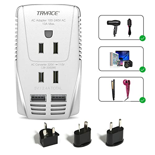 TryAce 2000W Travel Voltage Converter Step Down 220v to 110v Power Converter for Hair Dryer Straightener Curling Iron, 10A Power Adapter with 2 USB Charging EU/UK/AU/US Worldwide Plug for Phone Gray
