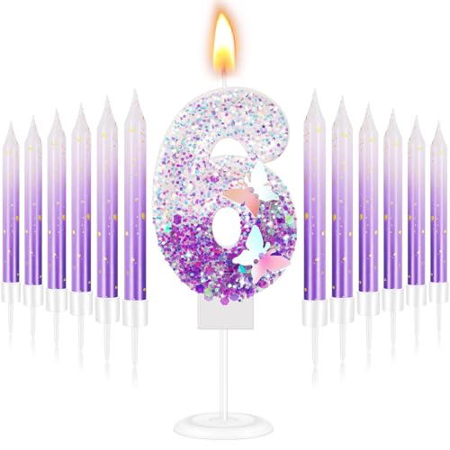 Amylove Number 6 Birthday Candle Purple Butterfly for Cake with 6 Long Thin Cupcake Candles Girls Sparkling Sequin Glitter Purple Cake Topper for Women Girl Anniversary Wedding