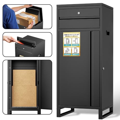 【複数投函可能/135Ｌ大容量/ポスト一体型】 LEEKEY 宅配ボックス 宅配BOX 組立不要 両開扉 ポスト付き 郵便受け 置き配 防水 屋外 盗難防止 簡単設置 大型 戸建て用 印鑑ホルダー/案内マグネットシート/ワイヤー/アンカー付き 日本語説明書 ブラック 3枚目