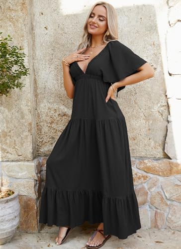 Image of Kikibell Women Summer Dresses Sexy V-Neck Maxi Dress Tiered Silhouette with Flutter Sleeve Backless Elastic Waist Flowy Dress
