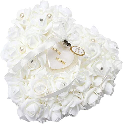 Zjchao Red Rose Heart Shaped Ring Box Valentine's Day Gift Ring Box Pillow Cushion Romantic Wedding Favors Jewelry Case Ring (White) #TOP28