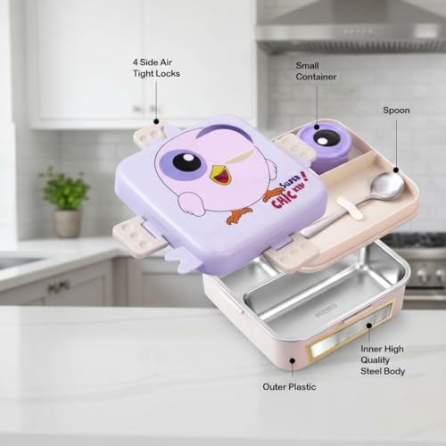 Image of Darkpyro Super Bite Buddy Cartoon Kids Lunch Box with Compartments - Air Vent, Spoon, Sauce Container & Stainless Steel Tray - Purple Chick Design(1100ml+50ml)