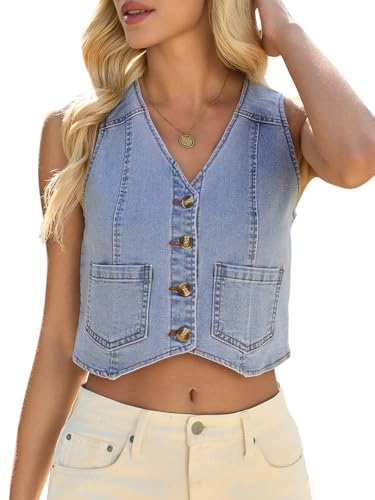Yousify Women's Summer Tops Denim Vest Sleeveless V Neck Button Down Jean Y2k Crop Jacket With Pocket Light Blue Medium