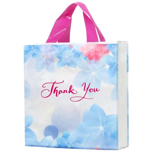 Joyhey 50 Count 9.8" x 11.8" Plastic Thank You Merchandise Bags, Shopping Retail Bags with Handles - Light Blue (More Patterns Available)