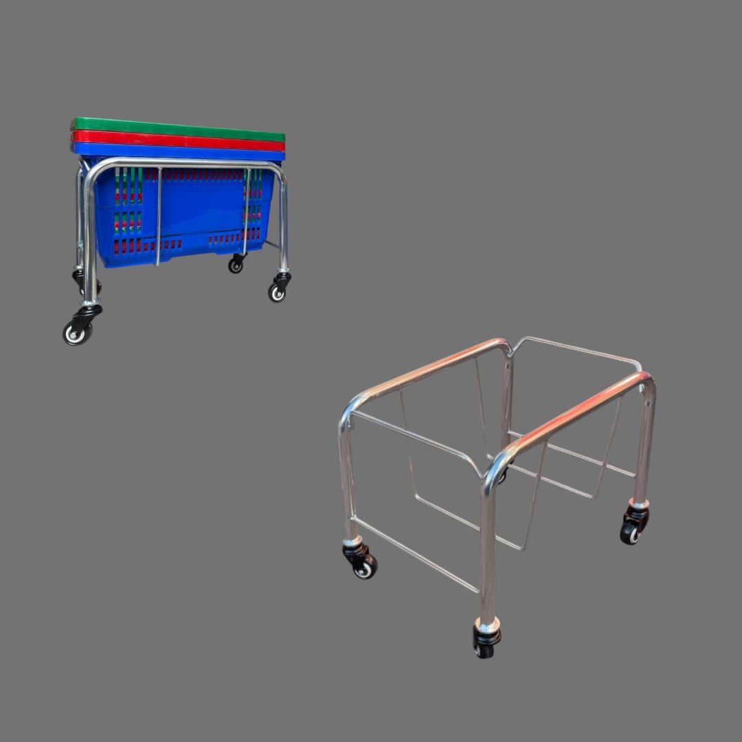 Stainless Steel Stacker with Wheels | Mobile Storage Stand for 21L to 28L Plastic Baskets | Durable Rolling Holder for Retail & Supermarket Use (Chrome Basket Stacker)