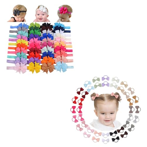 jollybows 40pcs Baby Girls Grosgrain Ribbon Hair Bows+40PCS 2 Inches Ties Mini Boutique Elastic Hair Band Accessories