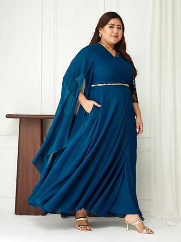 Image of Miss Chase A+ Women's Floral Printed Relaxed Fit V -Neck 3 /4Th Sleeve Georgette Maxi Dress