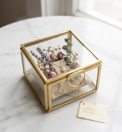 Image of Art India Collections Square Brass Glass Box with Lid and Glass Base, Display Box Gold 8x8x5 cm