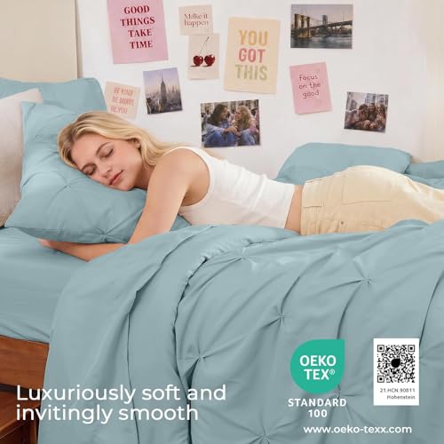 Image of Sasttie Twin Comforter Set, 5-Piece Bed in a Bag, Pintuck Bedding Sets for All Season, Includes Comforter, Flat Sheet, Fitted Sheet, Pillowcase and Pillowsham, Greylish Blue