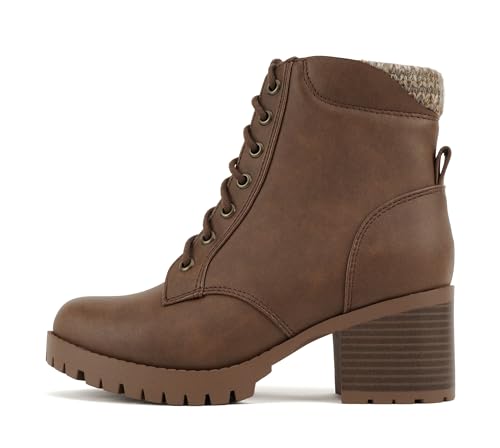 Soda Single Lug Sole Chunky Heel Combat Ankle Boot Lace up w/Side Zipper (Light Brown, 10)