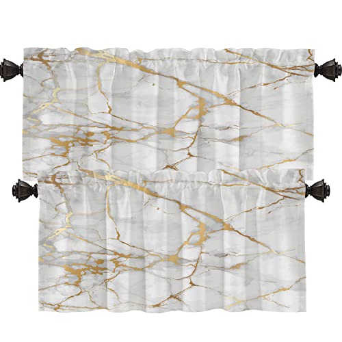 Shrahala Marble Golden Gold Kitchen Valances Half Window Curtain, Abstract Gold And White Marble Pattern Kitchen Valance For Window Ink Printing Valances Curtains For Kitchen Decor 52X18 Inch(2Pcs) #TOP7