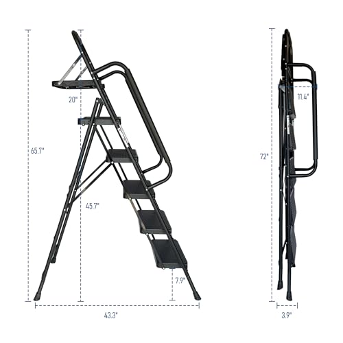 Image of 5 Step Ladder with Handrails, Folding Step Stool with Wide Anti-Slip Pedal, Tool Tray, 500 lbs Capacity Sturdy Steel Ladder, Ladder for Home, Garden, Painting, Outdoor, and Garage, Black