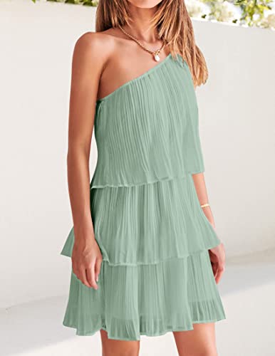 Image of ZESICA Women's Boho Summer One Shoulder Sleeveless Ruffle Tiered Layered Chiffon Pleated A Line Flowy Mini Dress