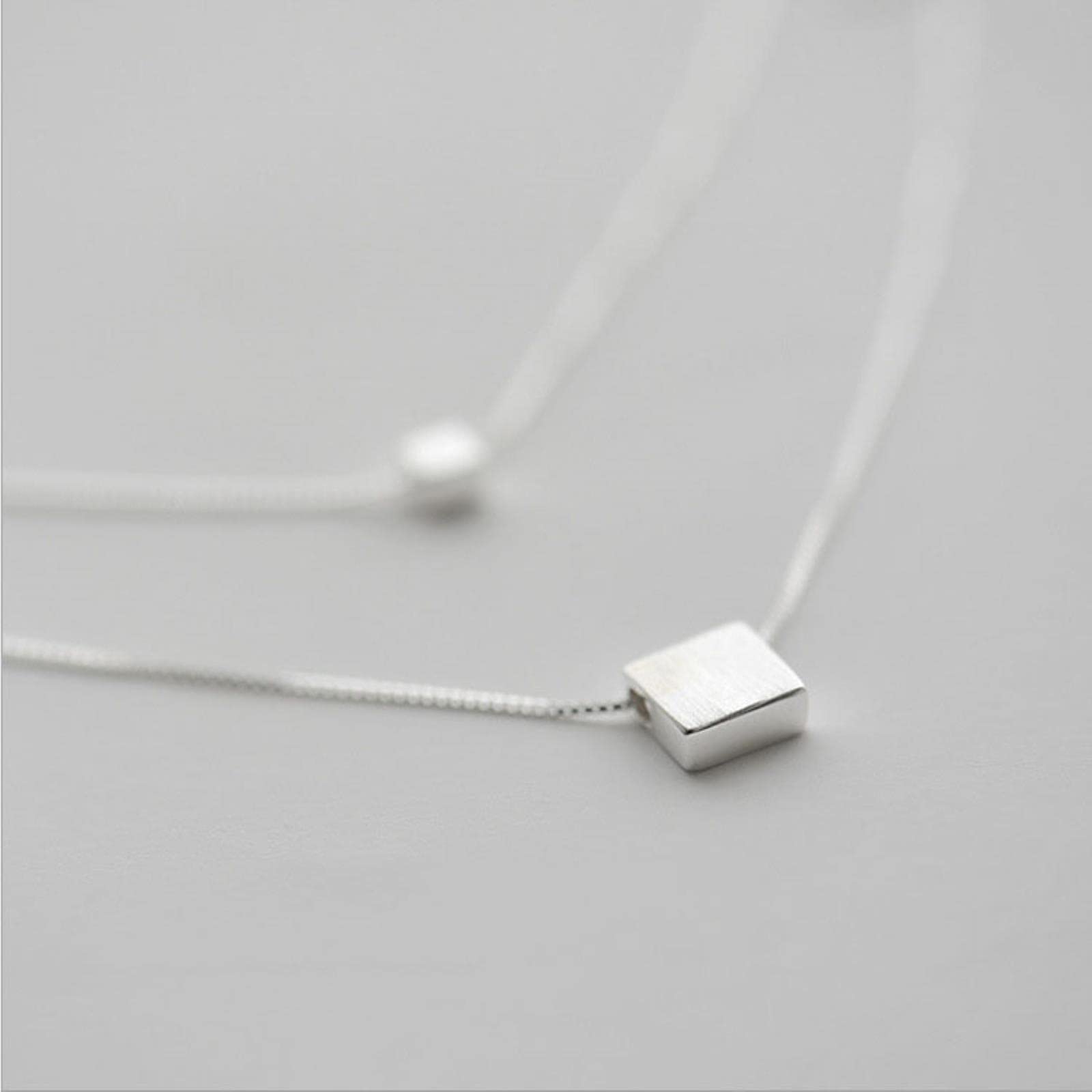 Hcma Women's Platinum,Gold,Silver 925 Sterling Silver Double Layer Square Cube Pendant Necklace Geometric Necklace Jewelry For