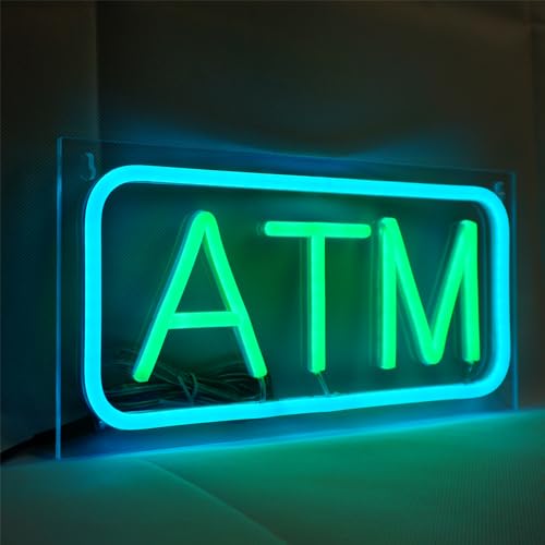 Image of ATM Neon Sign, Mini Size, 12 inchx6 inch, 12V-Powered Business Signboards for Convenience Store, Gas Station, Liquor Shop, Mini Market, High Brightness, Clear Acrylic Backboard, Wall Window Decor