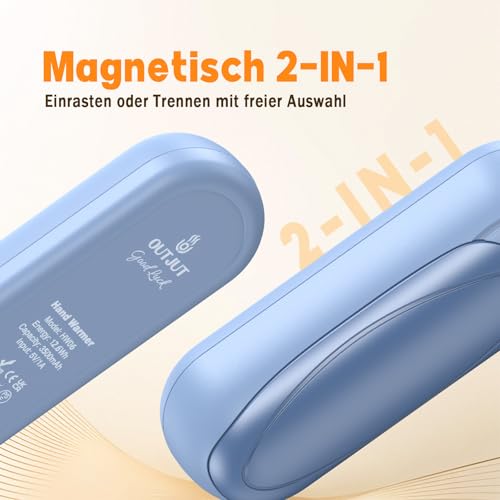 Handwärmer Wiederaufladbar 2er-Set, 7000mAh Elektrische Taschenwärmer mit 3 Heizstufen, Tragbare Magnetische Handwärmer, Wintergeschenk für Damen & Herren, Blau