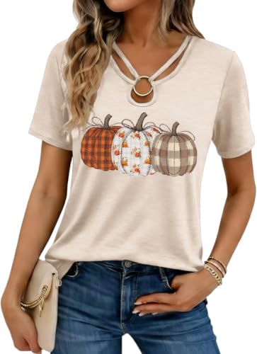 Nigbriz Women's Halloween Boho Checkered Pumpkin Graphic Shirt，Beige-2，L