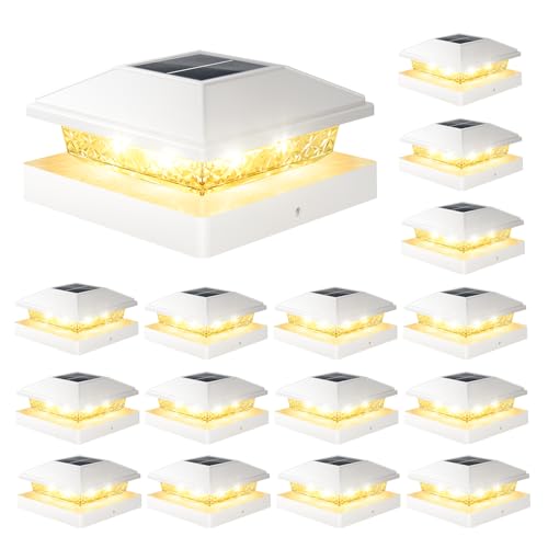 VOLISUN 4x4 Solar Fence - Post Lights 16pack, Post Cap Light Outdoor Waterproof, Whtie Deck Cap Light Solar Powered with Warm White,for 4x4 Wooden-4x4 or 5x5 Vinyl