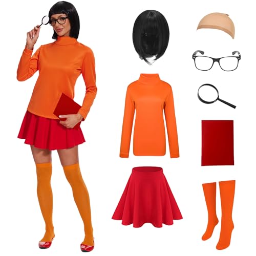 Costume de Velma deluxe avec haut court orange et perruque noire