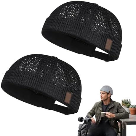 2 Pack Men’s Breathable Brimless Docker Hat, Summer Style Mesh Tang Ultra Cooling Skull Adjustable Hip-Hop Cap Beanie (Black*2)