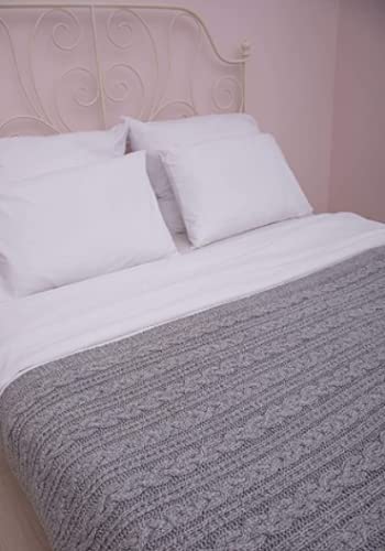 uuuu Bed Scarf Runner Irish Chunky Cable Knit Throw Cover Made of Soft Wool Blend (Grey, King Bed)