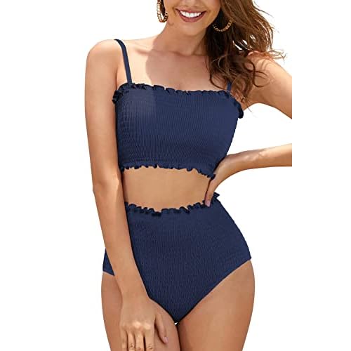 SHEKINI Damen Bandeau Bikini Set Spaghettiträger Bikini Oberteil Bauchweg Falten High Waist Hose Smocking Elastisch Bademode Gepolstert Strandbikini für Große Brüste XXL (Medium, Dunkelblau)