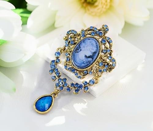 Image of Gyn&Joy Antique Blue Rhinestones Cameo Brooch Pin