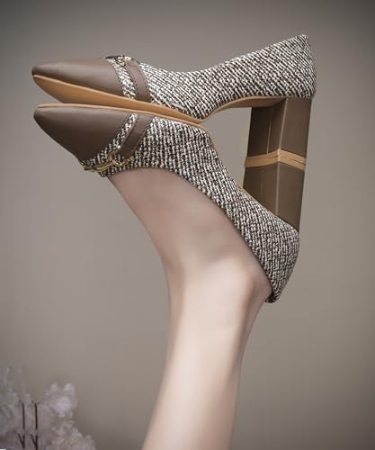 Image of JM LOOKS Professional Textured Block Heel Pumps with Metallic Buckle Accent and Modern Two-Tone Cap Toe Design