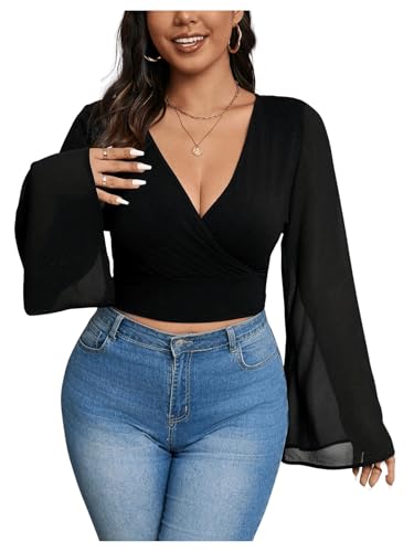 MakeMeChic Women's Plus Size Crop Top Bell Sleeve Tops V Neck Wrap Blouse Party T Shirts