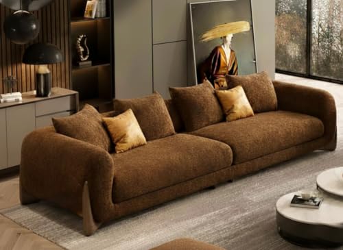 Image of Boucle Fabric Modern Design Sofa with Pillow or Strong Woden Legs Best for Living Room, Halways, Garden (3+1 Seater +Ottoman (Brown))