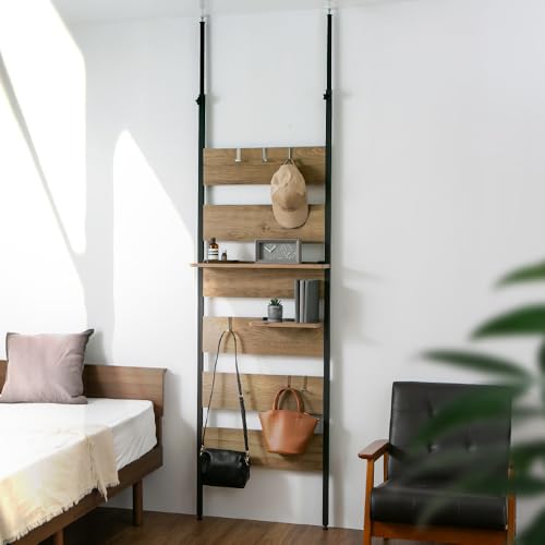 【玄関収納に】アイリスプラザ 突っ張り 壁面 棚 ウォールラック 棚可動 4色展開 フック4つ付き 天井201.4~266.5p対応 壁活用でおしゃれに広く PWLR-HT62 アッシュブラウン ~SMART COLLECTION~