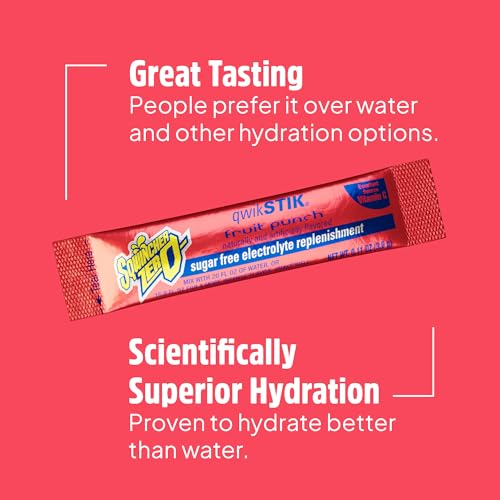 Image of Sqwincher Zero Qwik Stik, Fruit Punch, Sugar Free, Low Calorie, Low Sodium Electrolyte Powder Hydration Drink Mix, .11 0z Packet (Pack of 50) | Zero sugar electrolyte mix, fast-dissolving single-serve sticks, just add to 20oz water bottle for quick on-the-go hydration