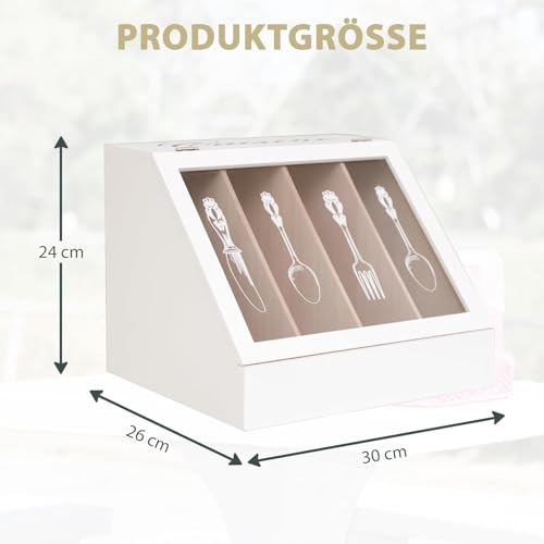 Riyashop Cutlery Tray with Hinged Lid - Rustic Shabby Chic Balsa Wood Organiser, 4 Compartments, 26 x 30 x 24 cm - Practical Cutlery Storage for Kitchen, Buffet, Party, Housewarming - Cream - Image 3