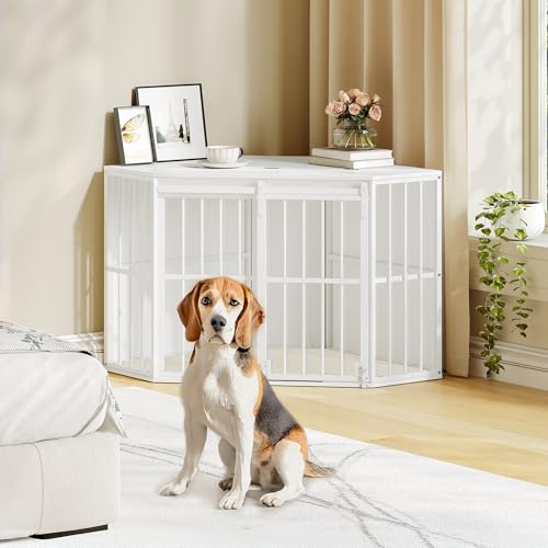 Hzuaneri Eck-Hundekäfig, Hundebox für Zuhause, Hundekäfig Möbel mit Kissen und Schiebetüren, Moderne Hundebox Holz Indoor Klappdeckel für Mittelgroße Kleine Hunde, 107 x 59,6 x 64 cm, Weiß DFC85903W
