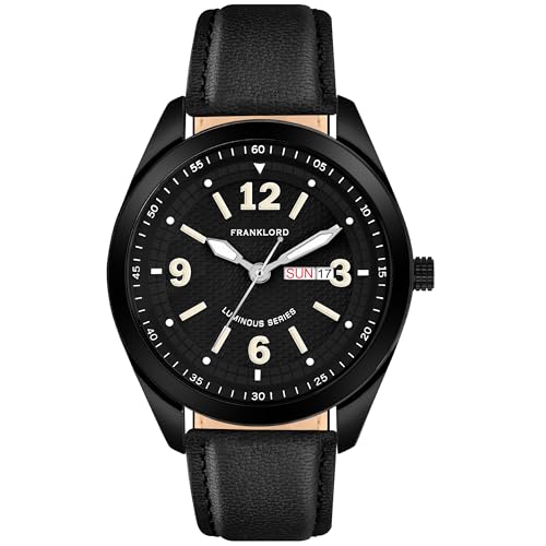 Franklord Black Luminous Series Analog Watch for Men | Round Black Dial with Day & Date Function | Premium Leather Strap | Quartz Wrist Watch for Men & Boys (B0CLVJ4DL5) Amazon Price History, Amazon Price Tracker
