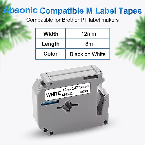 Absonic 6-Pack M231 Label Tape Compatible For Brother M-K231S M-K231 Mk-231 Mk231 1/2" Tape P Touch M 12Mm 0.47" White Label Tape Refills For Ptouch Pt-65 Pt-M95 Pt-85 Pt-90 Pt-70 Pt-80 Label Maker #TOP1